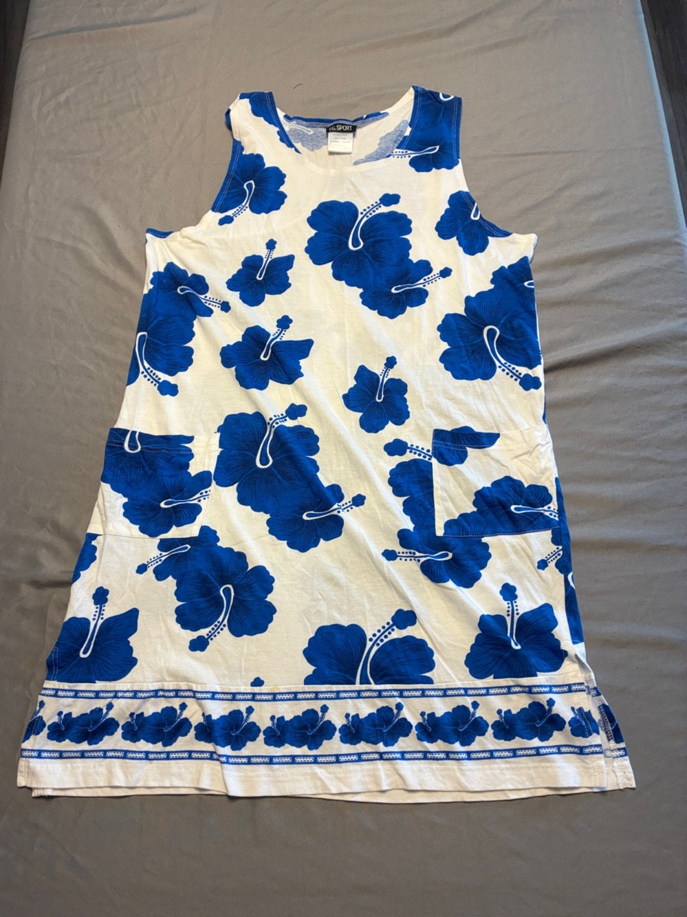 Sleeveless White Shift Dress with Bold Blue Floral Print - Casual Summer Dress